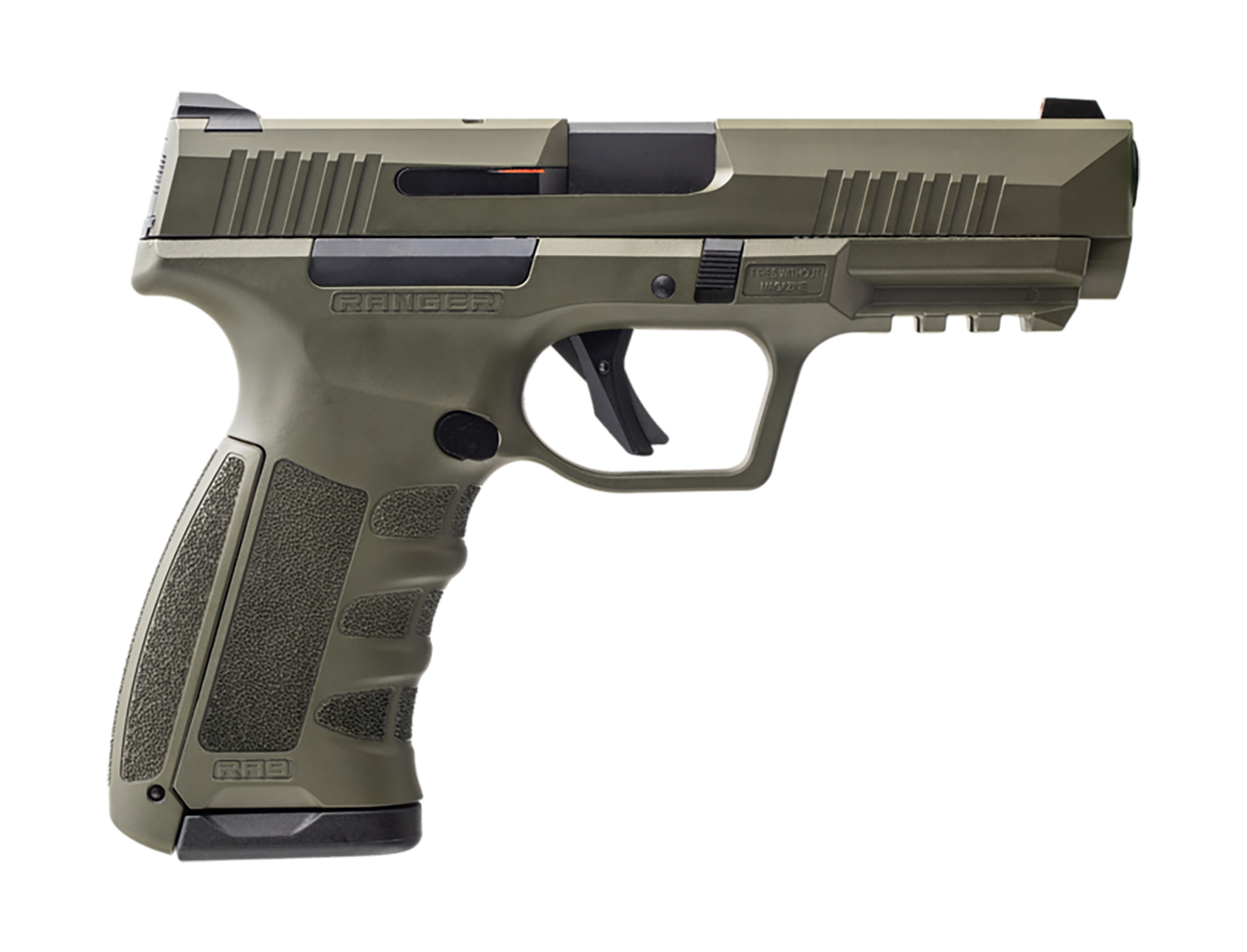 Olive green semi-automatic handgun on white background