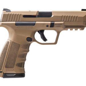 Tan semi-automatic handgun on white background