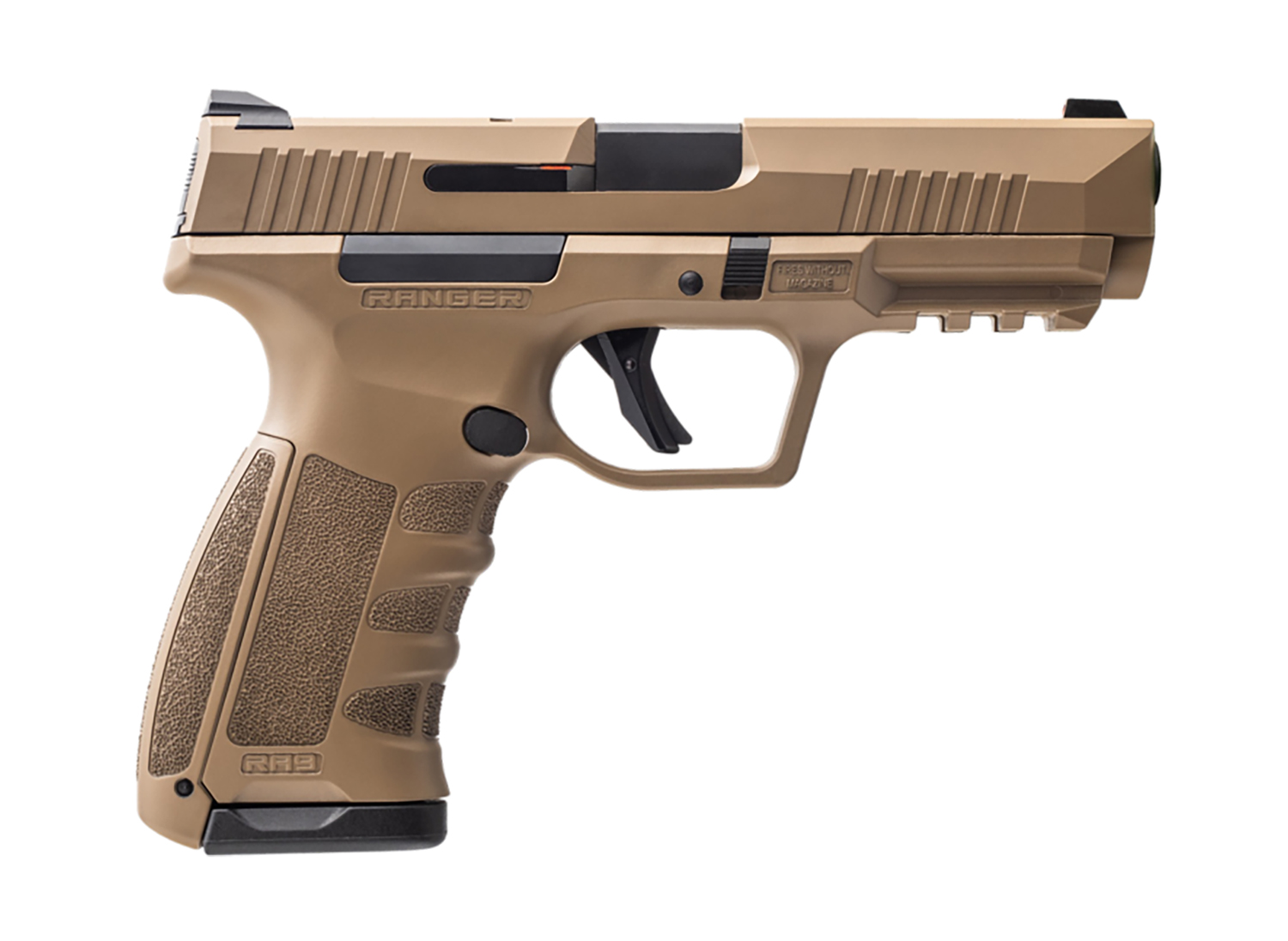 Tan semi-automatic handgun on white background