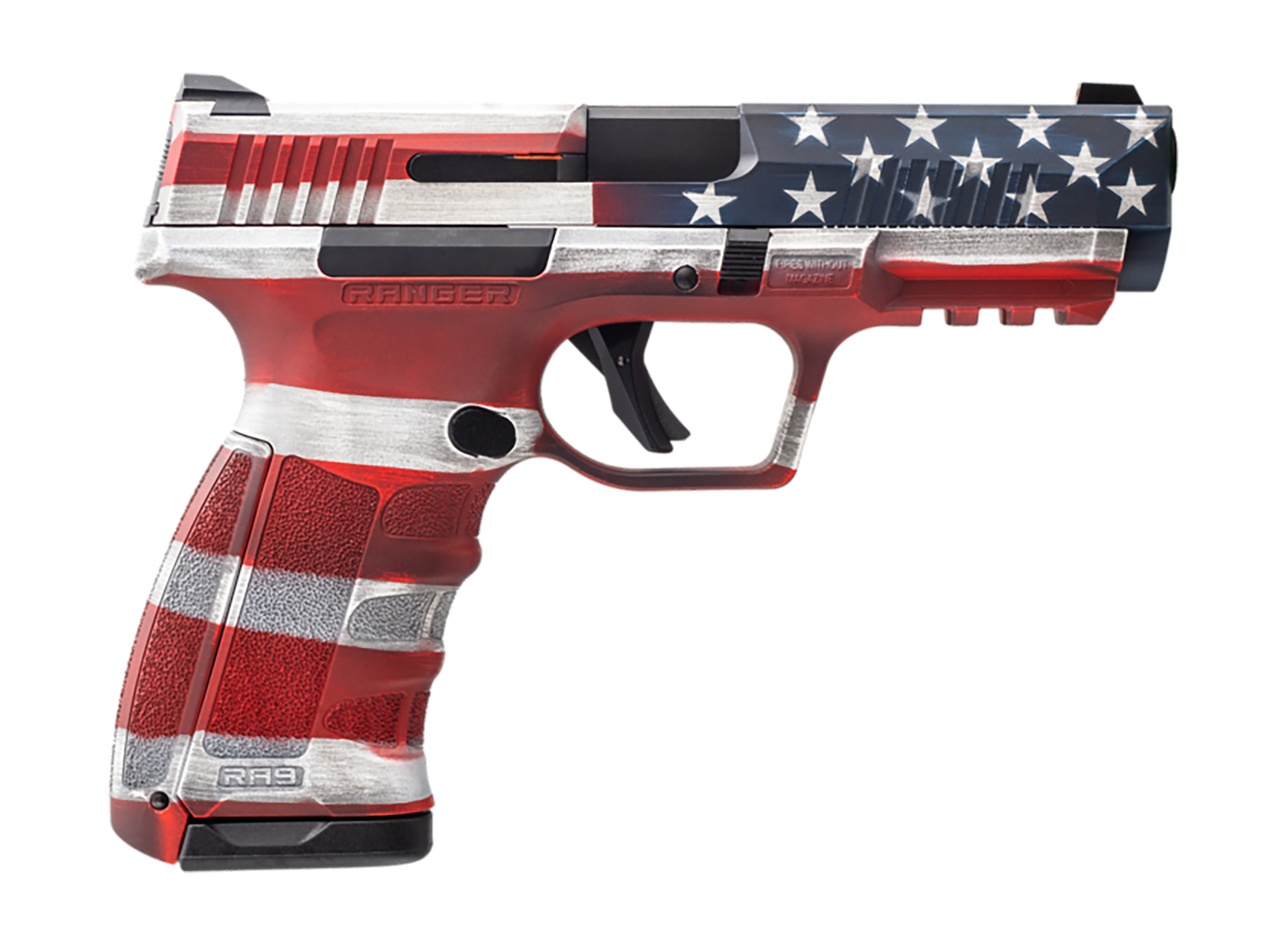 Handgun with American flag design on slide and grip