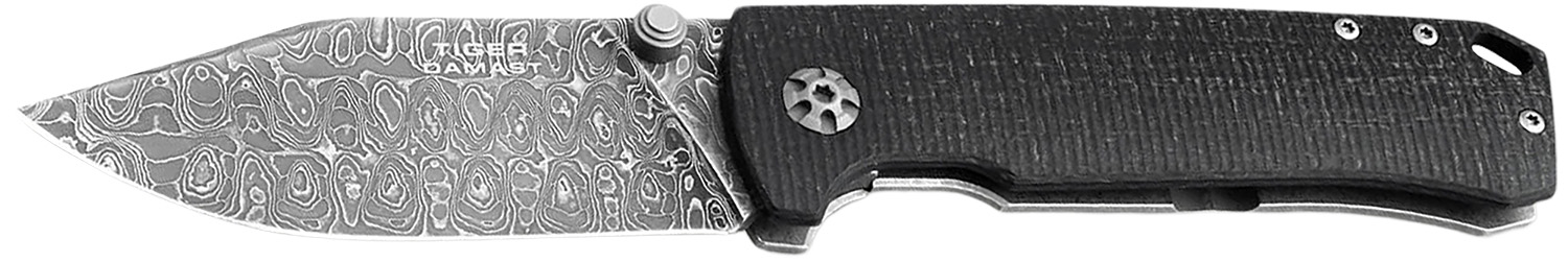 Damascus steel folding knife with black handle