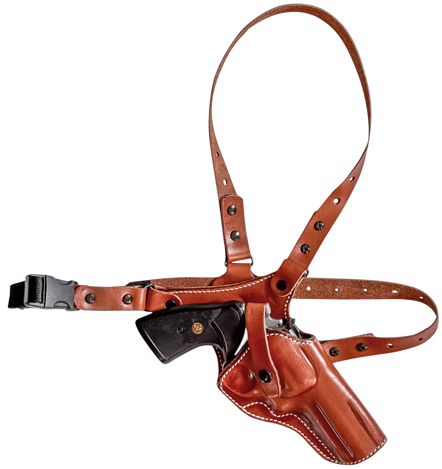 Brown leather shoulder holster with handgun