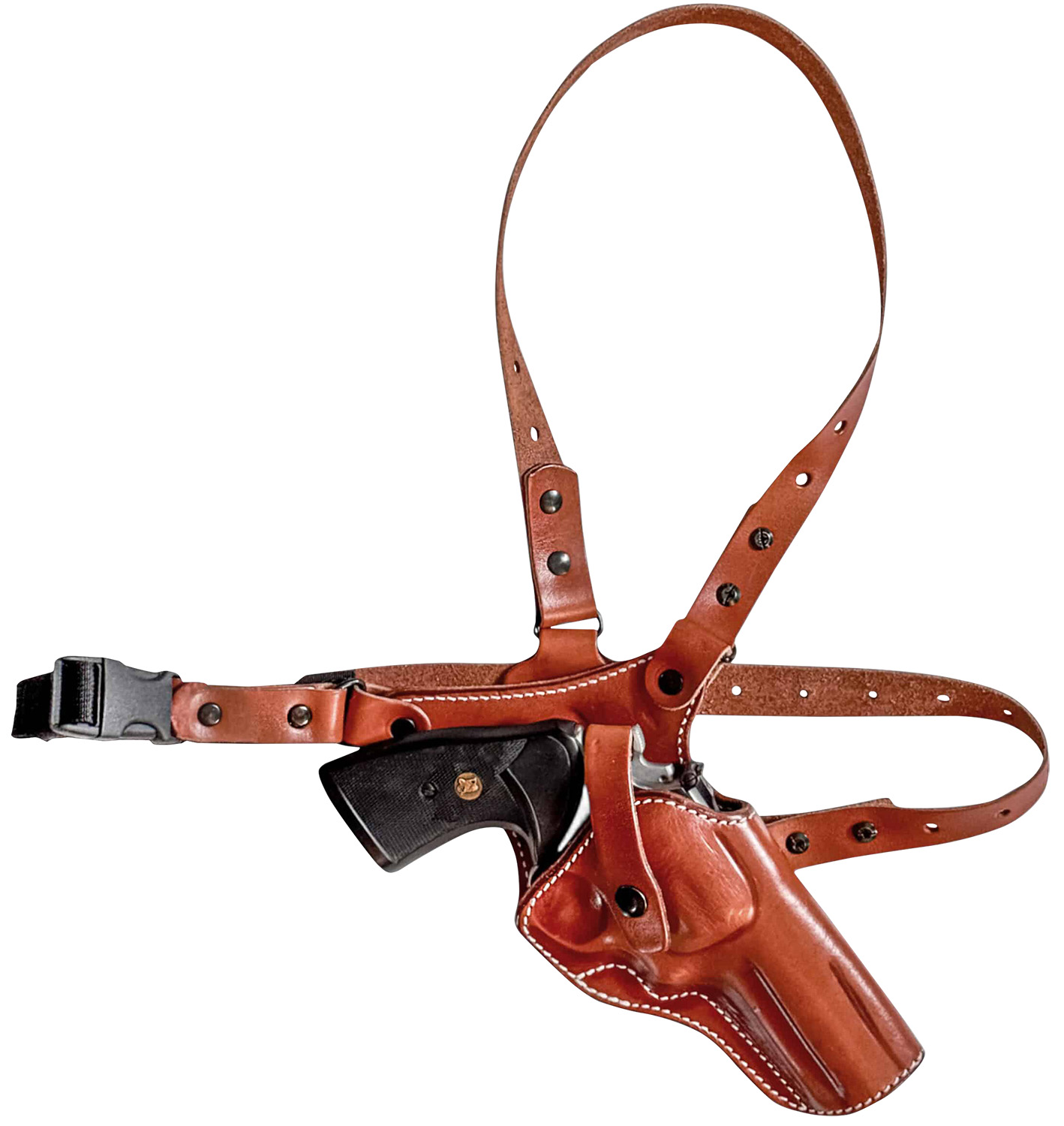 Leather shoulder holster with revolver handgun