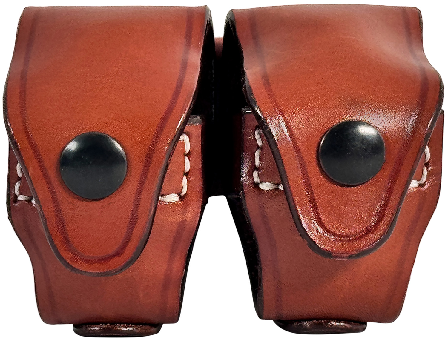 Brown leather belt pouches with snap closures