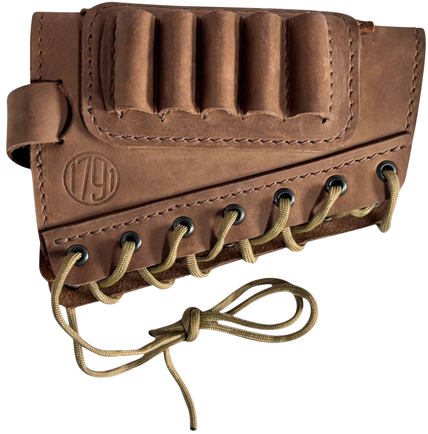 Brown leather shotgun shell holder with laced design