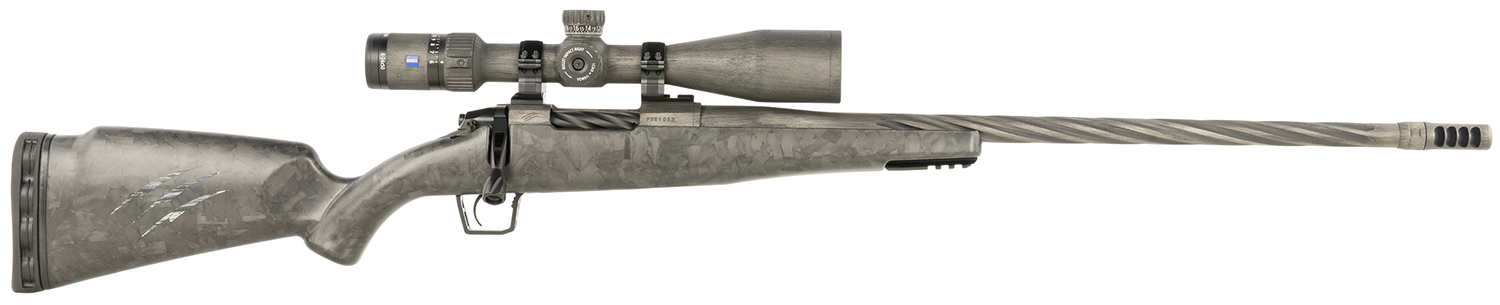 Bolt-action rifle with scope on white background