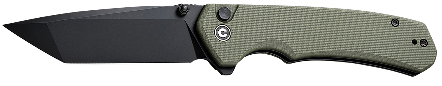 Black folding knife with green handle