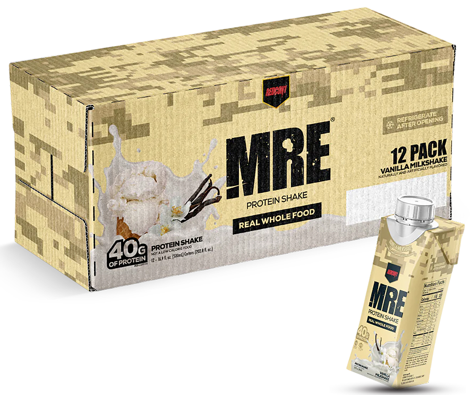 MRE vanilla protein shake 12-pack box and carton