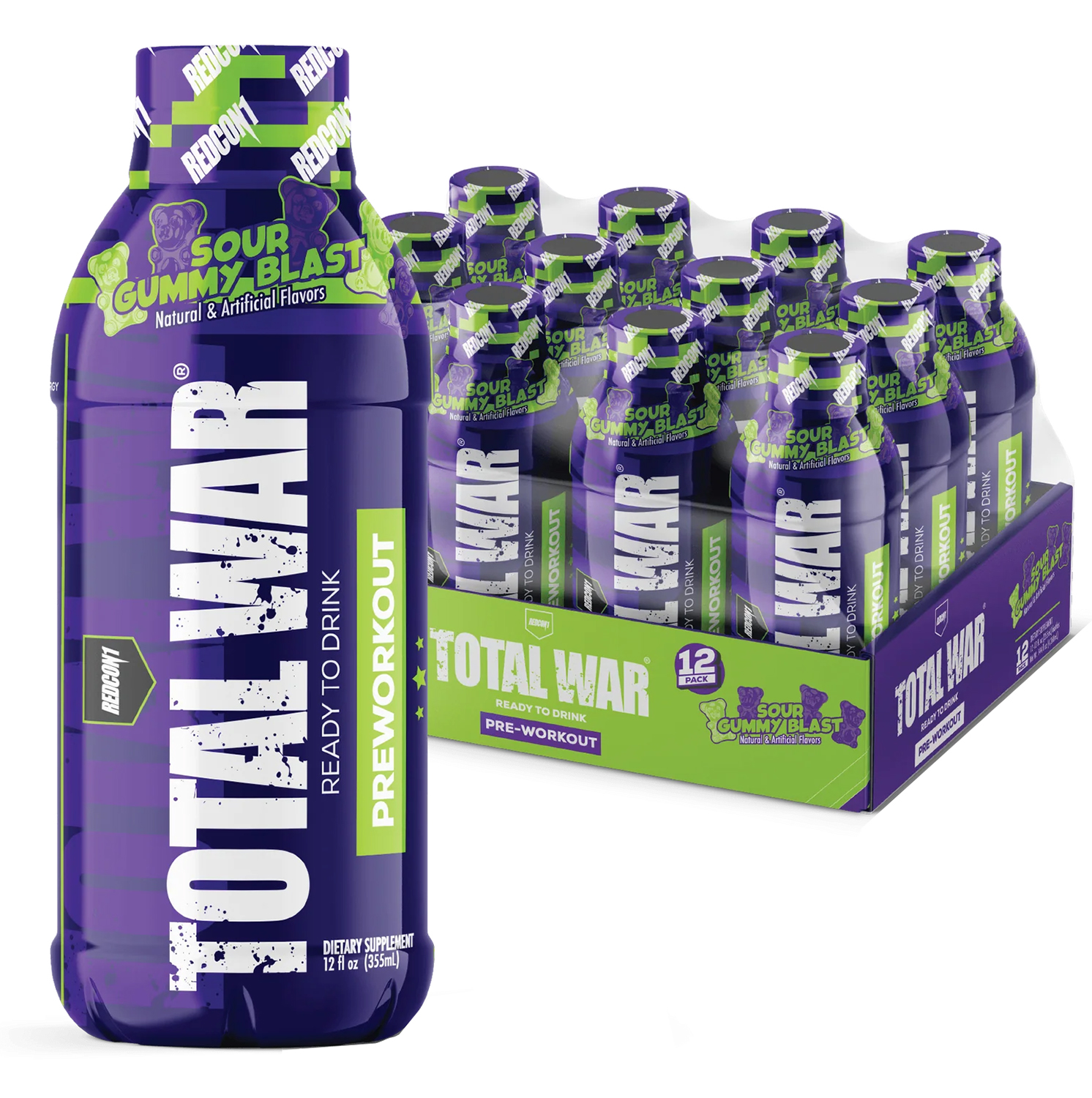 Total War Sour Gummy Blast pre-workout bottles