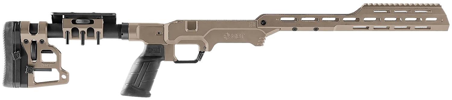 Tan precision rifle chassis with adjustable stock