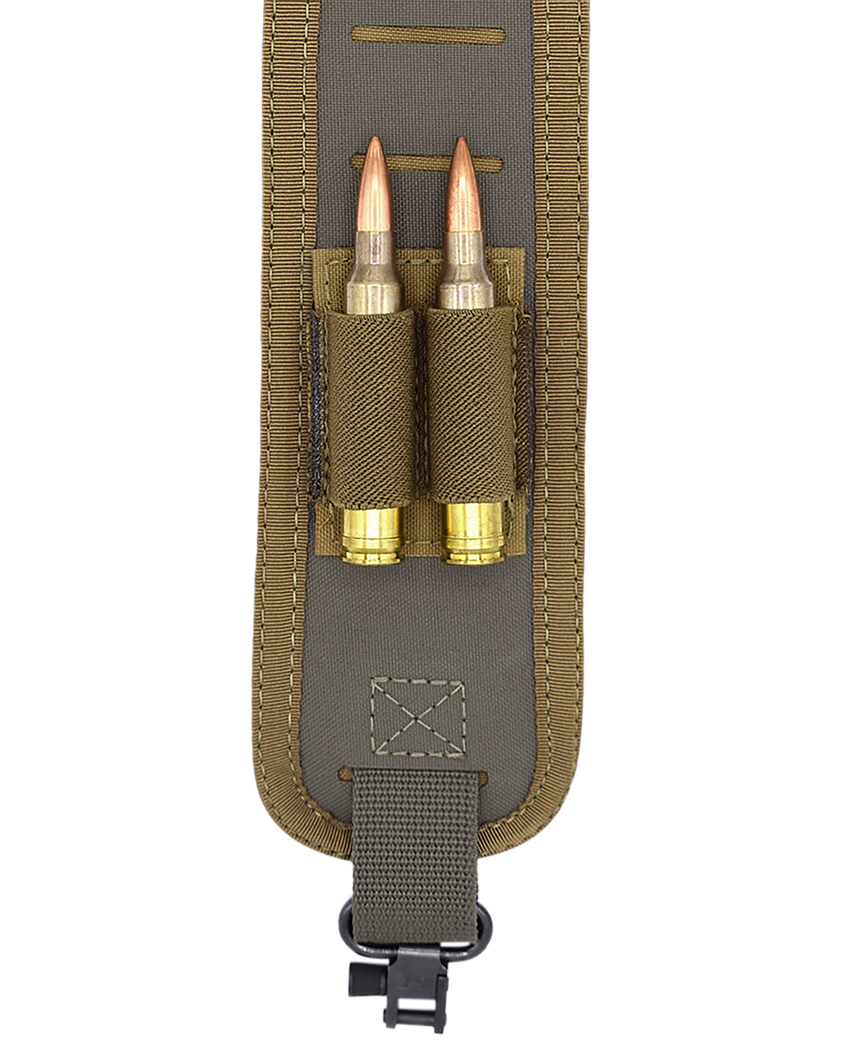 Two rifle cartridges in tactical strap holder