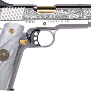 Engraved Kimber 1911 pistol with gold accents