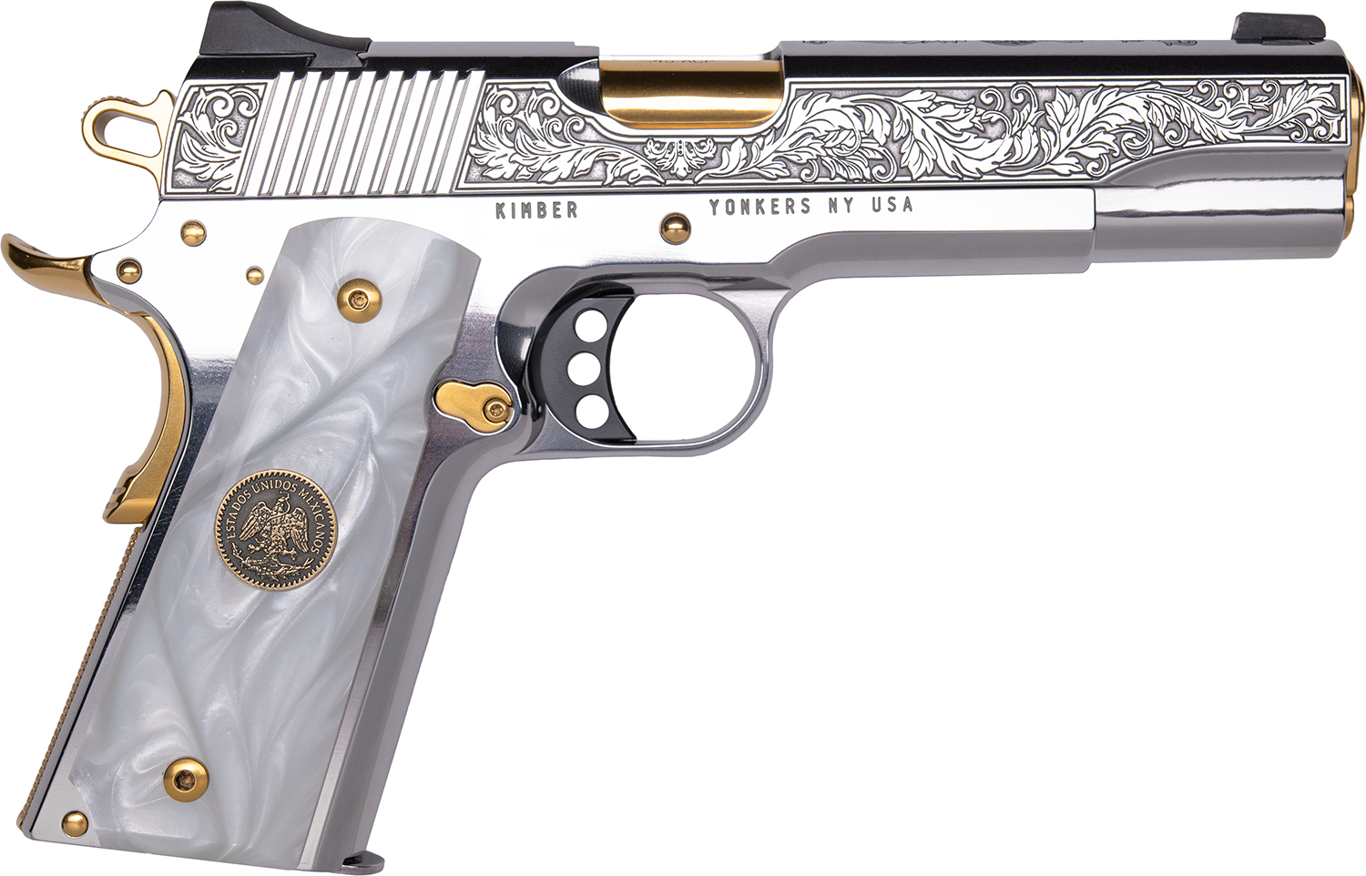 Engraved Kimber 1911 pistol with gold accents