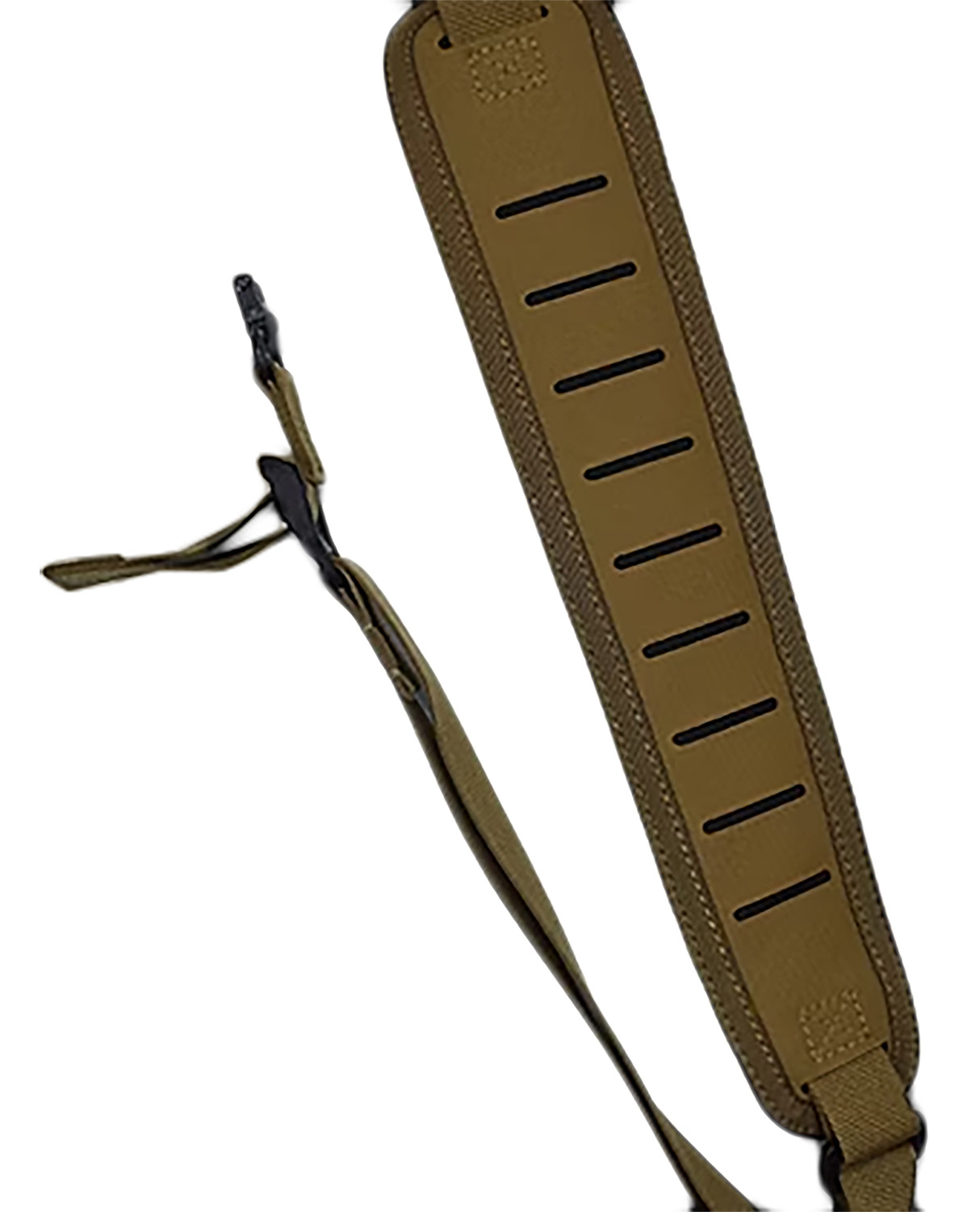 Tan padded tactical rifle sling with attachments