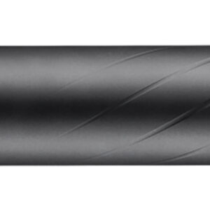 Black cylindrical firearm suppressor with spiral grooves