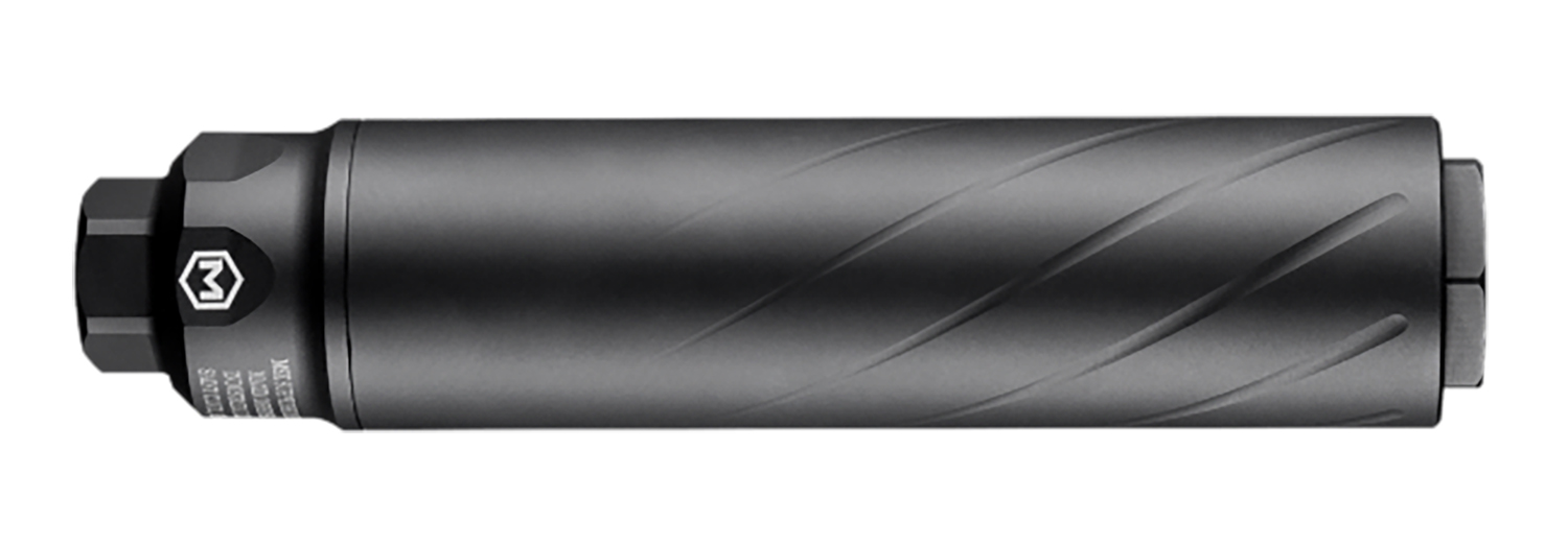 Black cylindrical firearm suppressor with spiral grooves