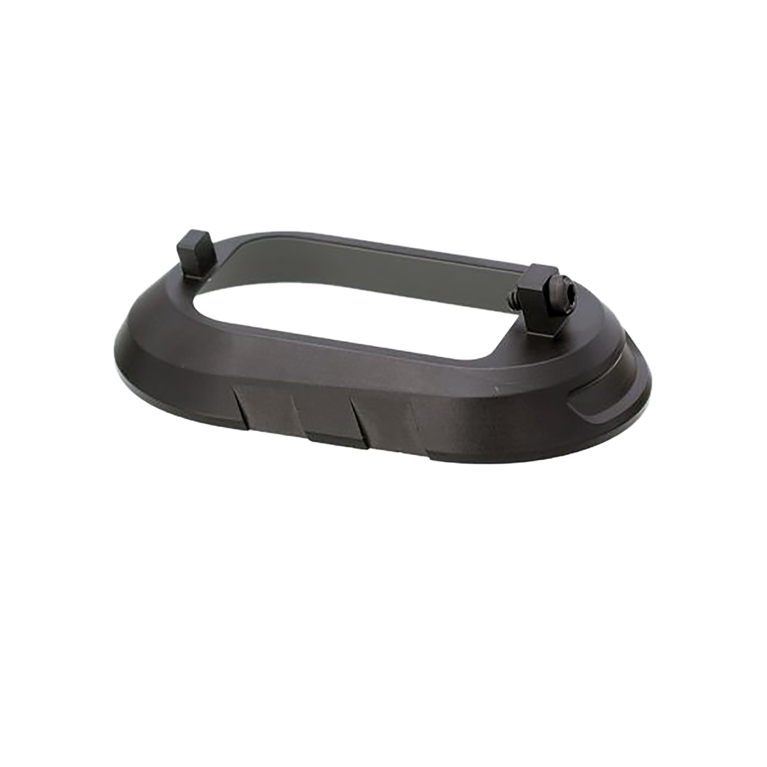 Black metal oval mounting bracket with screws