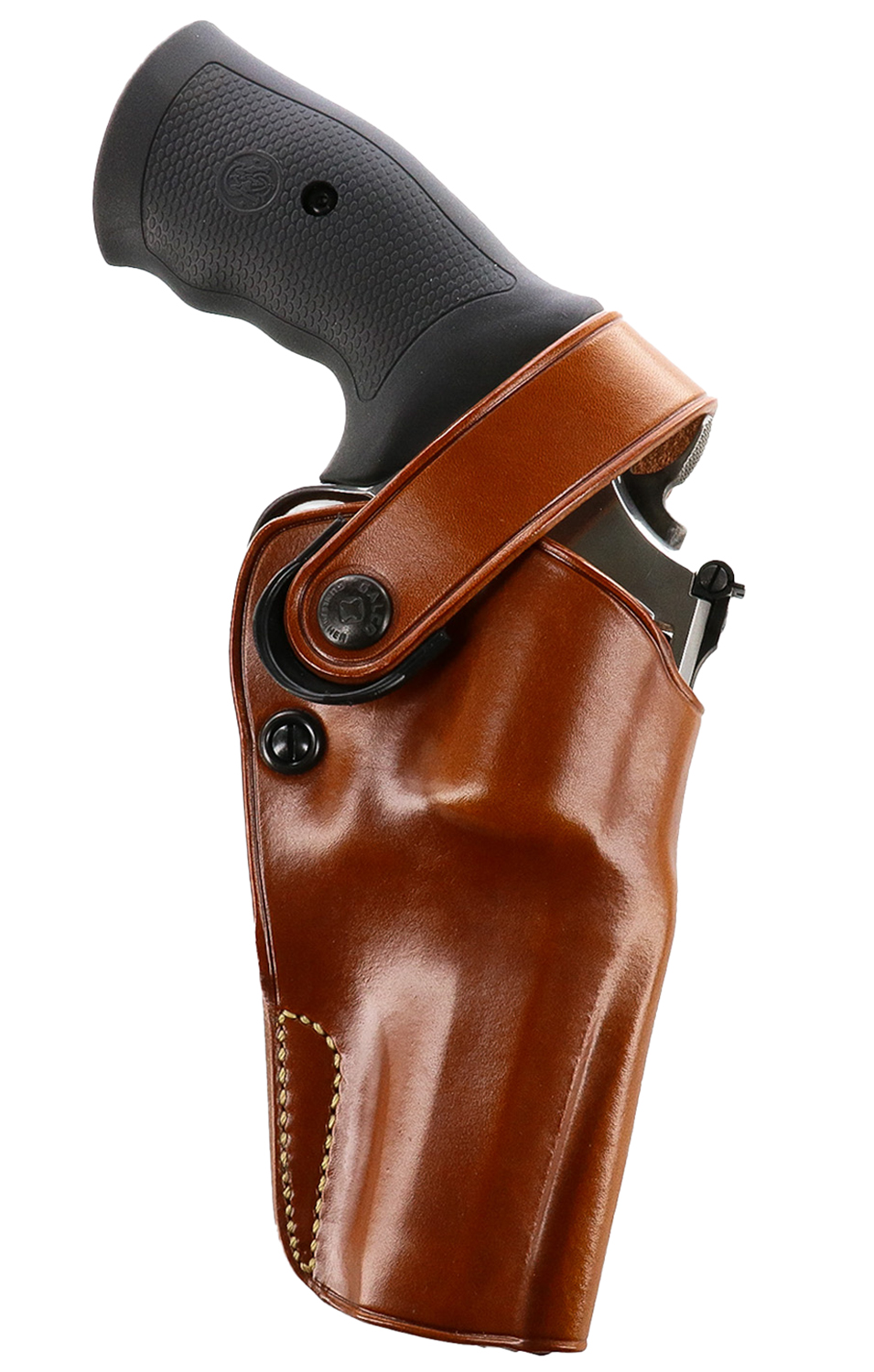 Revolver in brown leather holster on white background