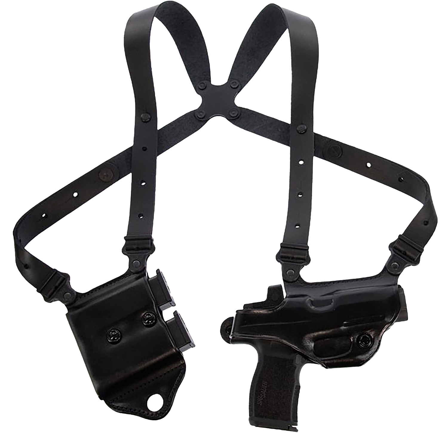 Black leather shoulder holster with handgun