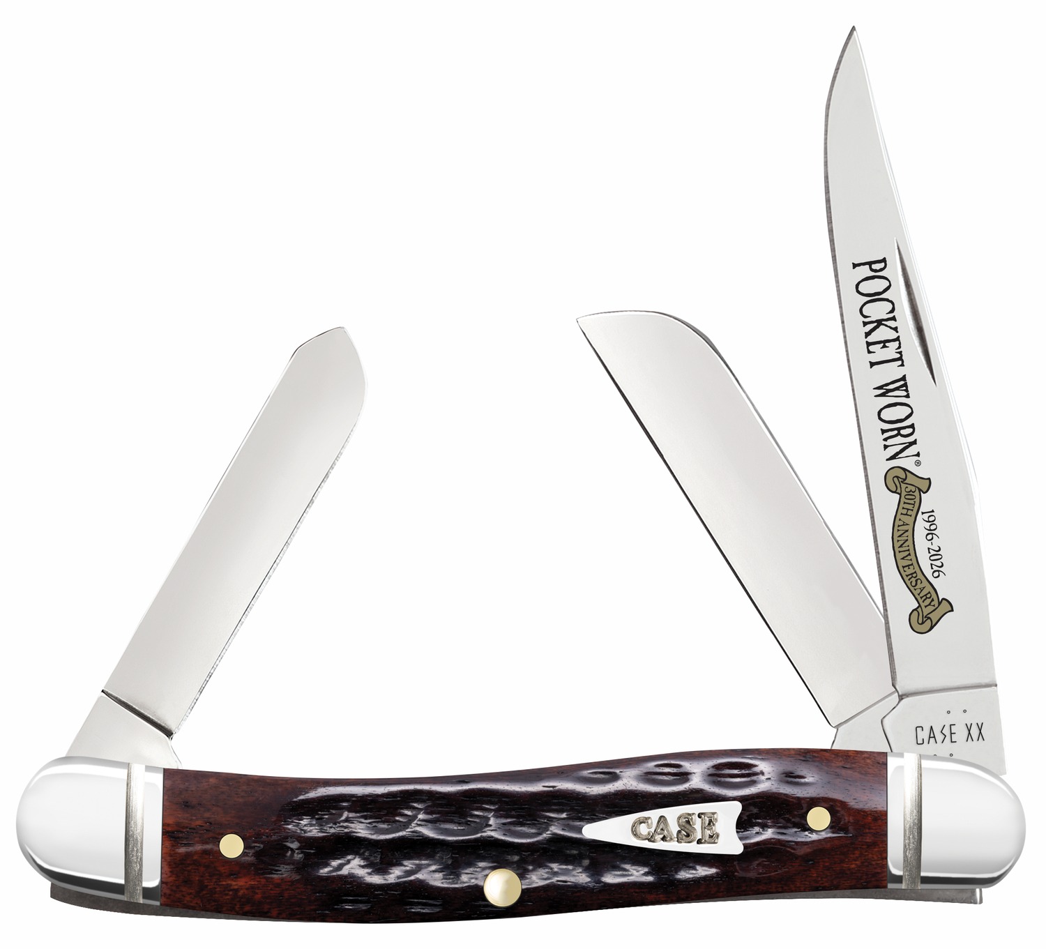 Three-blade folding pocket knife with wooden handle