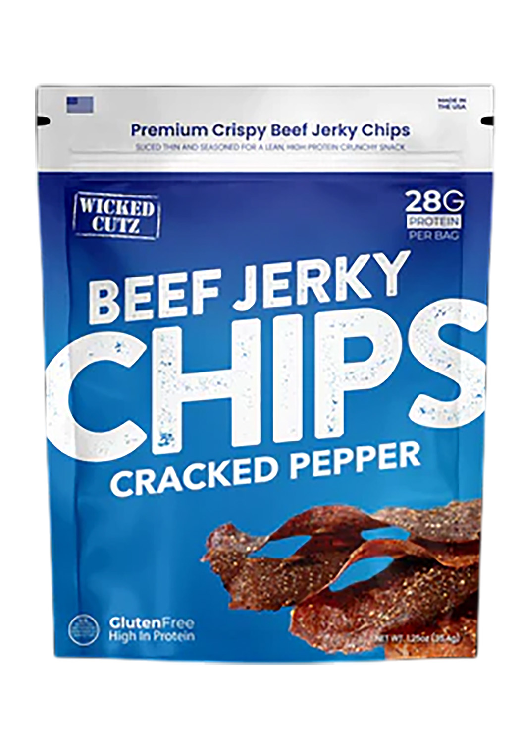 Wicked Cutz cracked pepper beef jerky chips bag