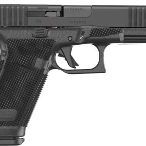 Black semi-automatic pistol side profile on white background