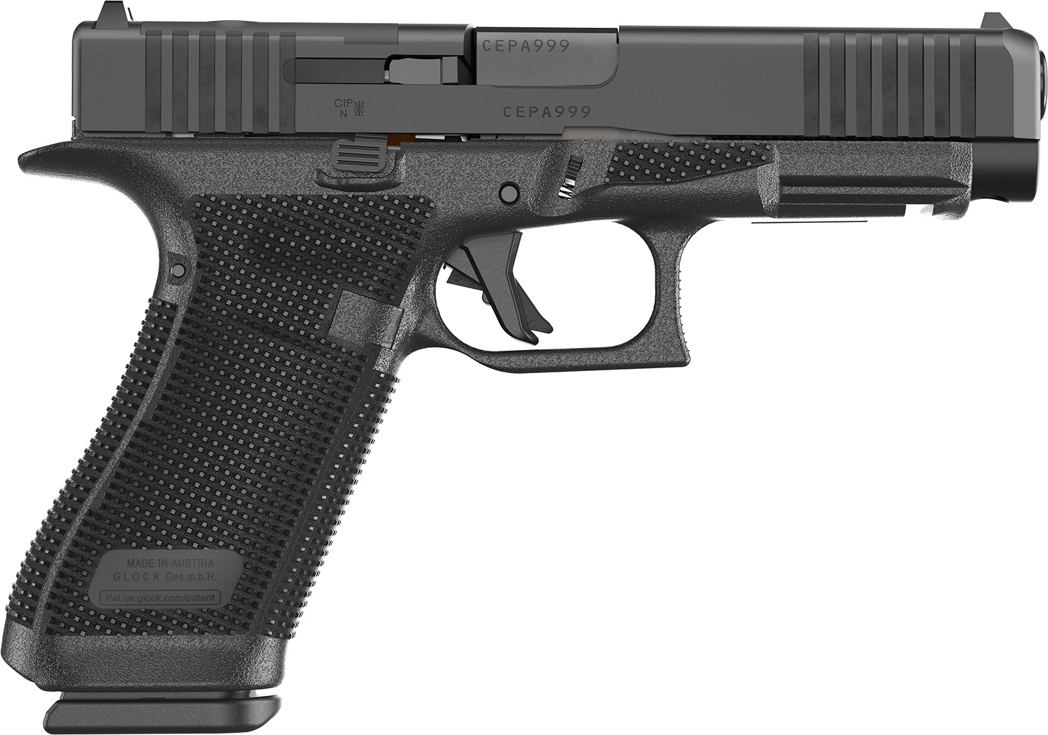 Black semi-automatic pistol side profile on white background