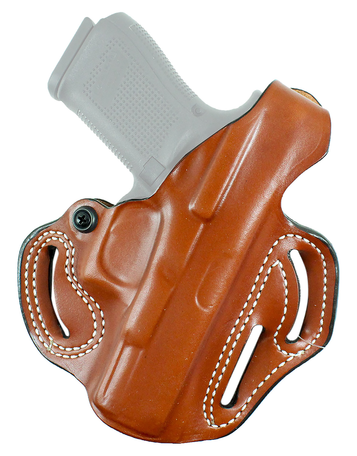 Handgun in brown leather belt holster