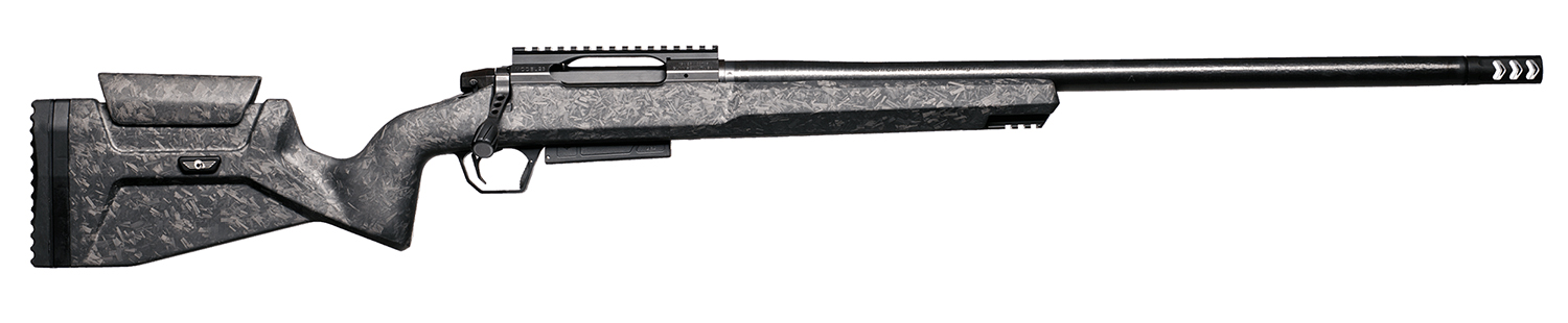 Bolt-action rifle with synthetic stock and long barrel