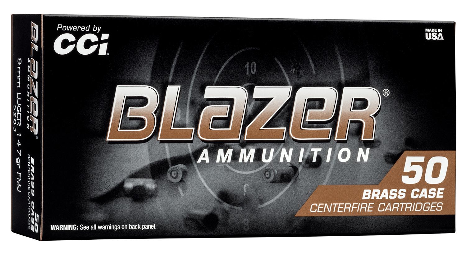Blazer Ammunition 50-round brass case cartridges box