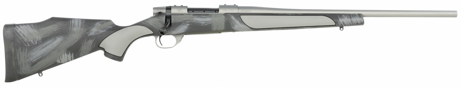 Gray camo bolt-action rifle on white background