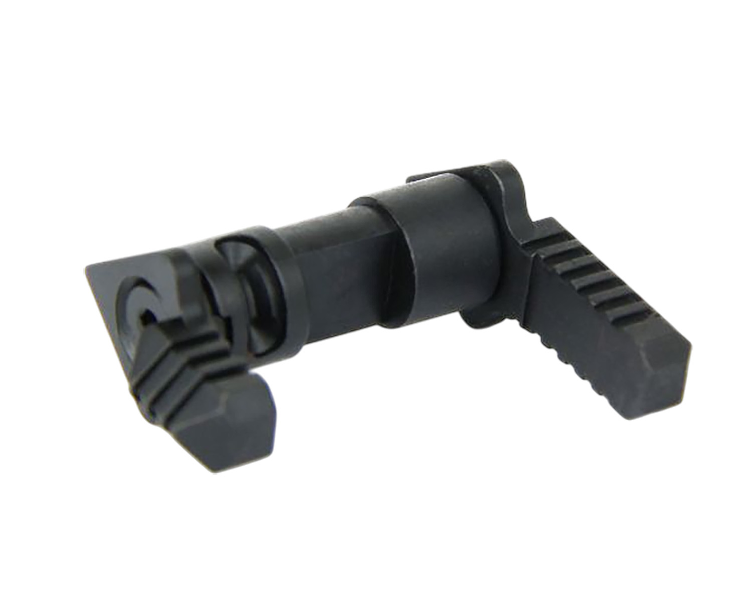 Black metal mechanical firearm component on white background
