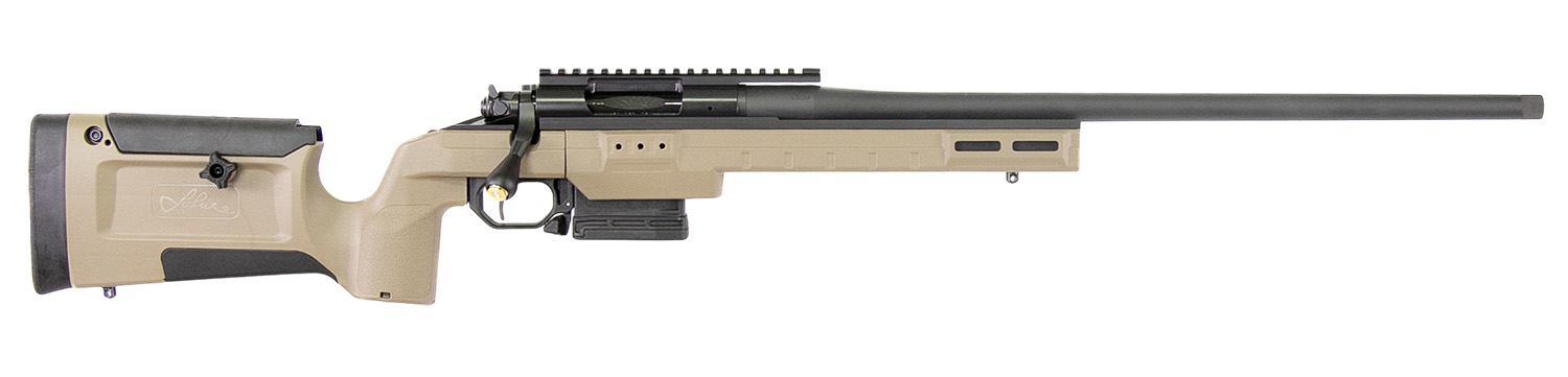 Bolt-action rifle with tan stock