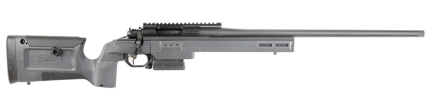 Modern bolt-action rifle on white background