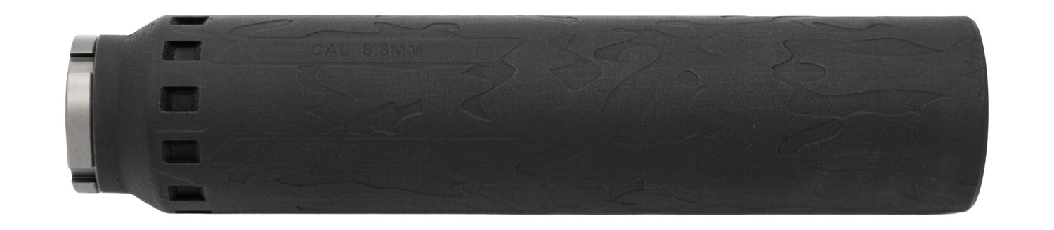 Black 6.5mm firearm suppressor on white background