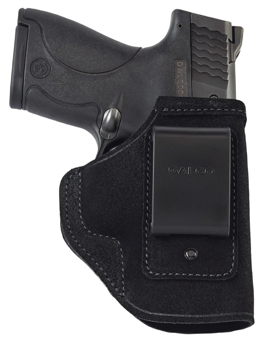 Handgun in black leather holster with belt clip
