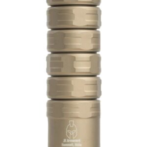 Tan cylindrical 9mm firearm suppressor