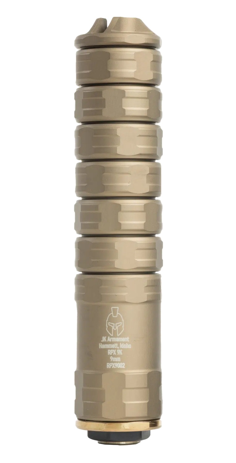 Tan cylindrical 9mm firearm suppressor