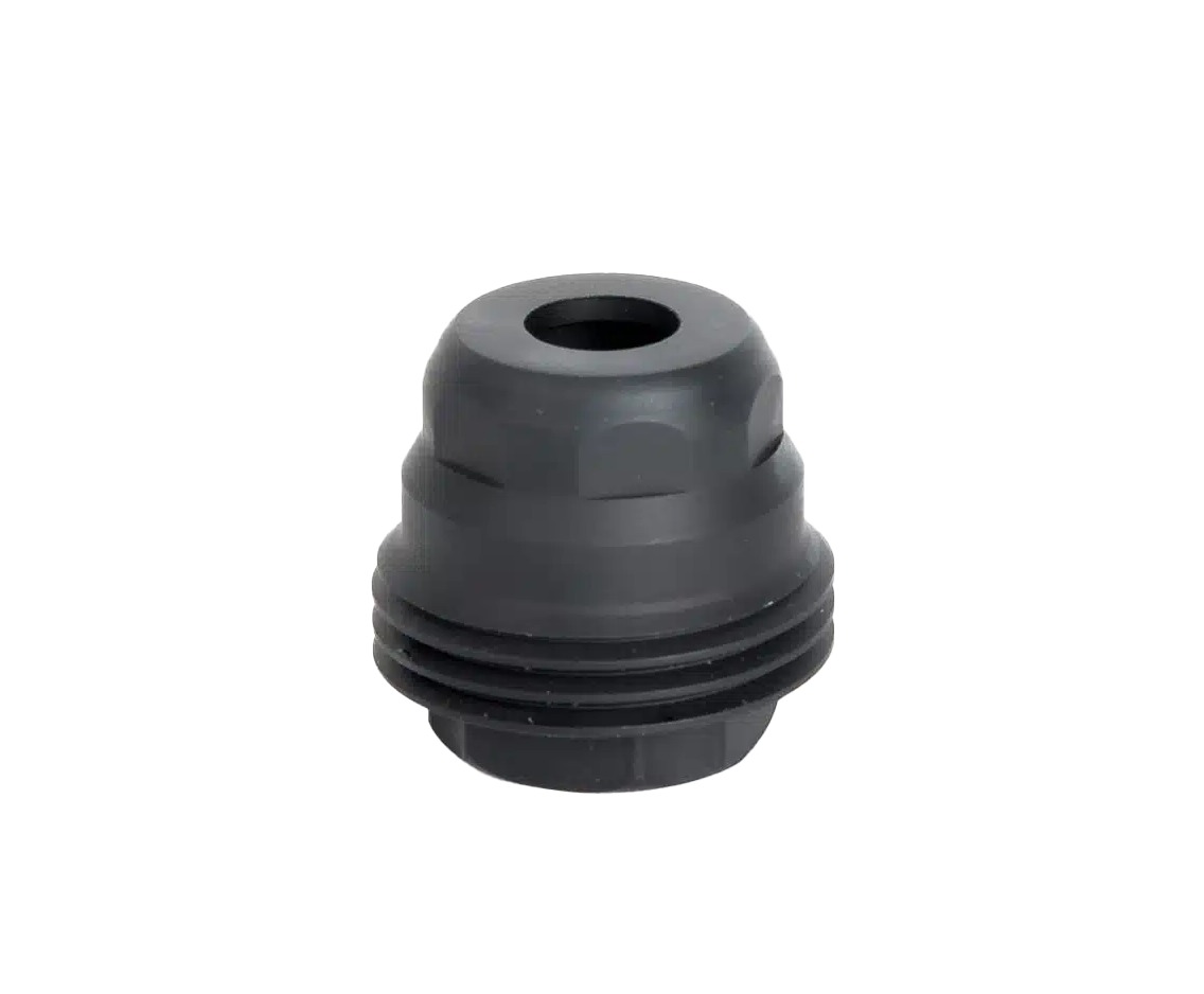 Black plastic threaded cap with top hole