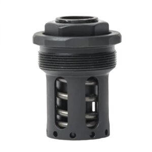 Black threaded hydraulic valve with visible spring