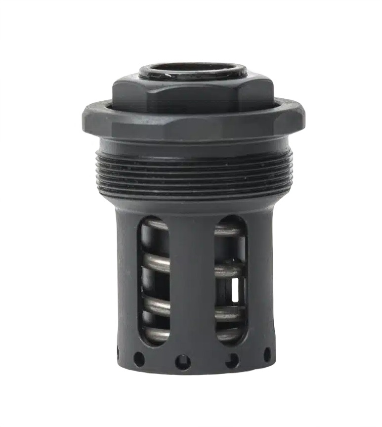 Black threaded hydraulic valve with visible spring