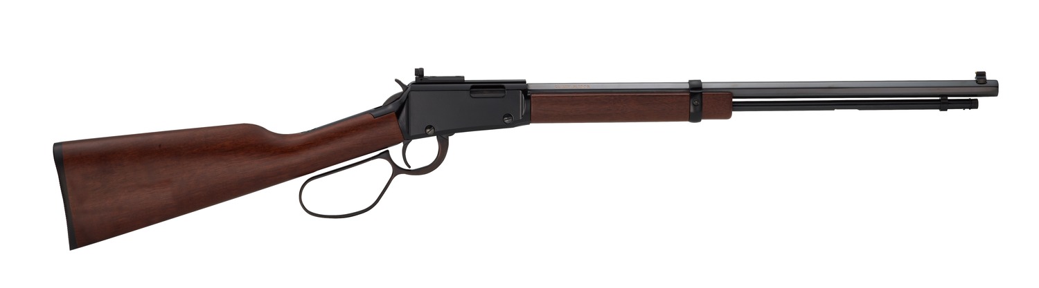 Lever-action rifle with wooden stock and long barrel