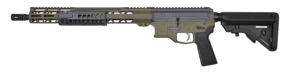 Green and black AR-style rifle side view