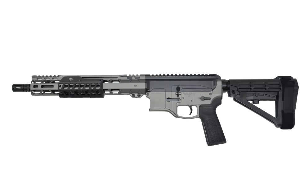 Modern AR-style rifle on white background