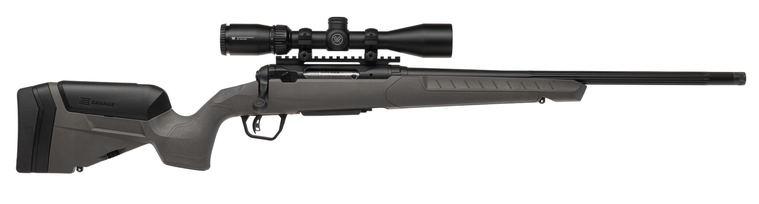 Bolt-action rifle with mounted scope, side view