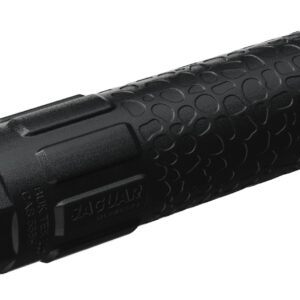 Black cylindrical firearm suppressor with textured grip
