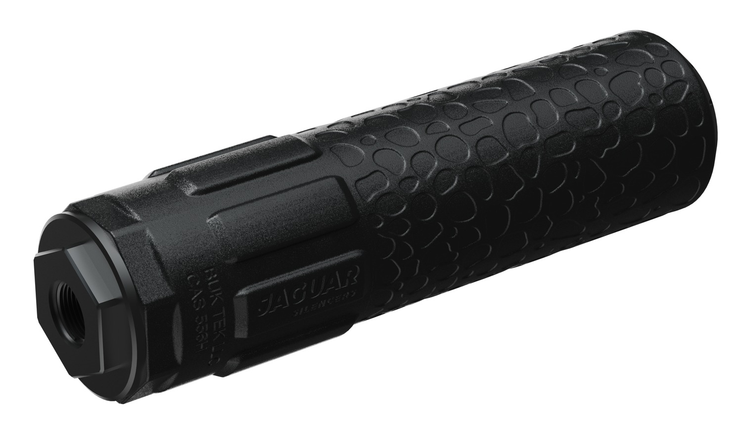 Black cylindrical firearm suppressor with textured grip