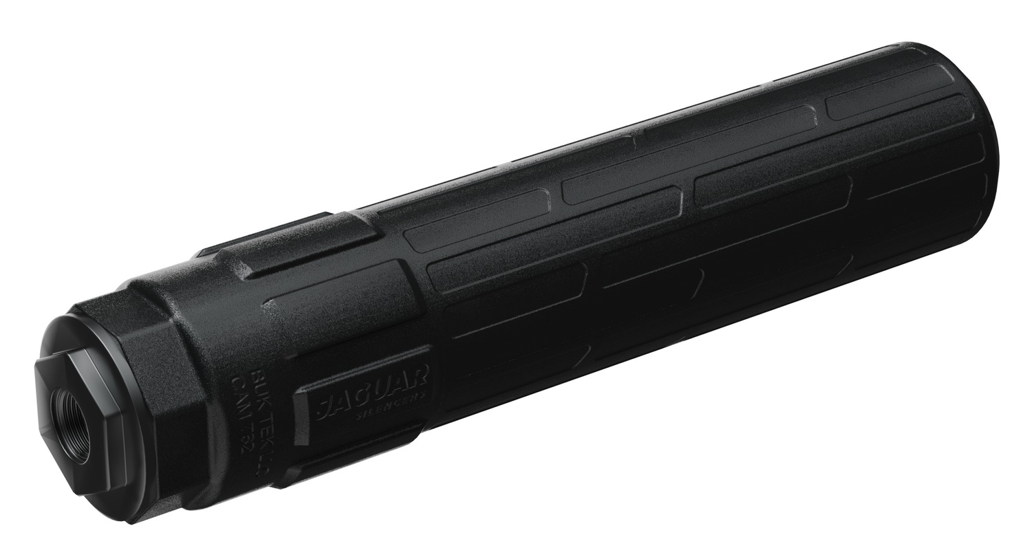 Black firearm suppressor on white background