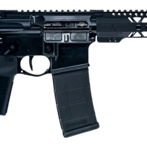 Modern black semi-automatic rifle on white background