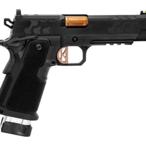 Black semi-automatic pistol with extended magazine